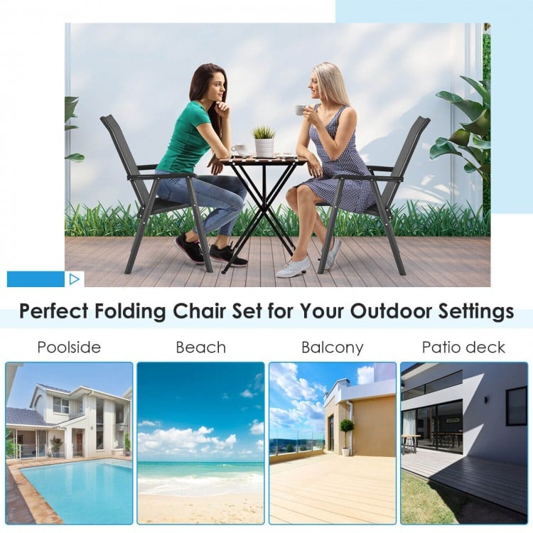 Set of 2 black outdoor patio folding chairs with ergonomic armrests, perfect for poolside or balcony use.